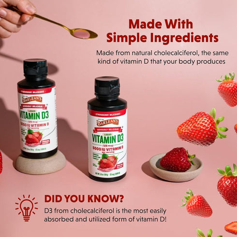 Pack 2 D3 5000 5.6 oz Barlean's of Vitamin Liquid Supplement for Kids and Adults, IU Vitamin D, Strawberry Milkshake