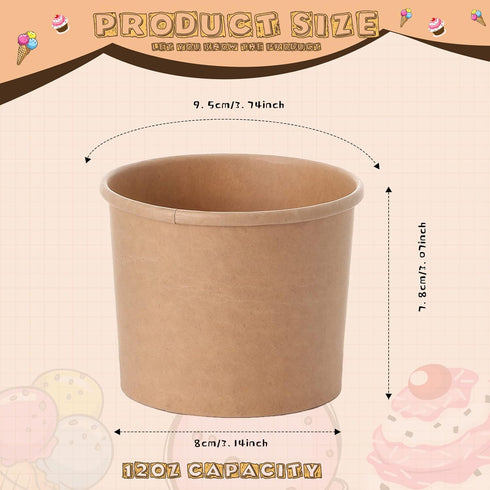 100 Pieces Ice Cream Cups Paper Disposable Sundae Bowls Kraft Paper Hot Cold Soup Snack Yogurt Dessert Small Cups for Ice Cream Baby Shower Party Supplies, Brown(8 oz) by Honeydak