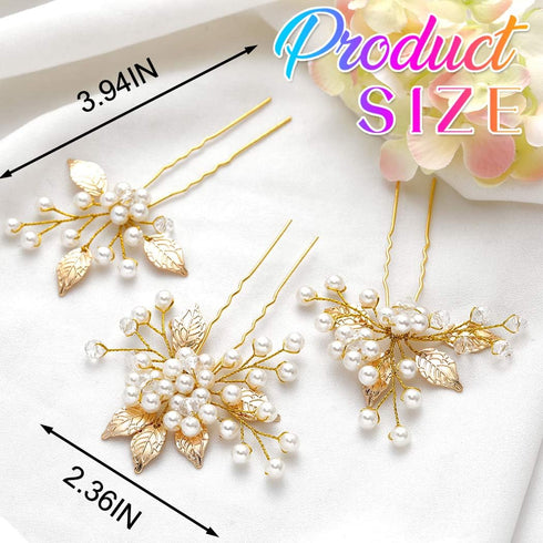 Heread Pearl Bride Wedding Hair Pins | Leaf Bridal Head Piece Flower Hair Accessories for Women (Pack of 3)