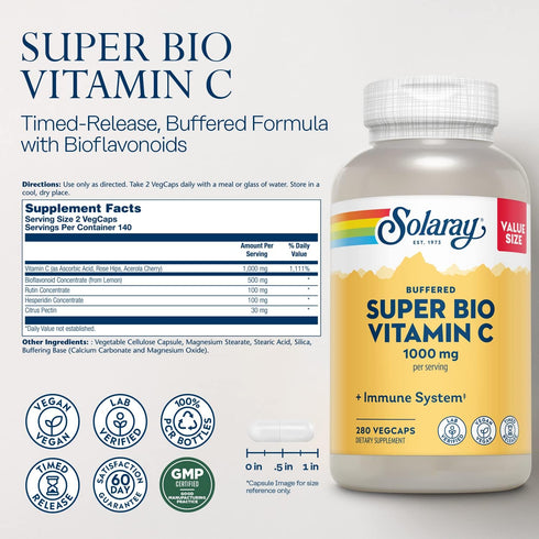 SOLARAY Super Bio Vitamin C 1000mg, Buffered, Time Release Capsules with Bioflavonoids, Two-Stage for High Absorption and All Day Immune Support, Vegan, 60 Day Guarantee, 140 Servings, 280 VegCaps