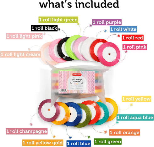 Incraftables Curling Ribbon for Gift Wrapping (15 Colors). Best Gift Wrap Ribbon for Balloons, Birthday Decor & Crafts (1/2 inch Thin String). Bulk Satin Ribbon for Gift Wrapping (60ft each Color) by Incraftables