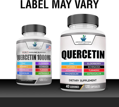 American Standard Supplements Quercetin 1000mg Per Serving with Zinc, Vitamin C, Vitamin D3, Magnesium, Elderberry, Echinacea, Turmeric, Astragalus - Gluten Free, Non-GMO, 120 Capsules, 40 Servings
