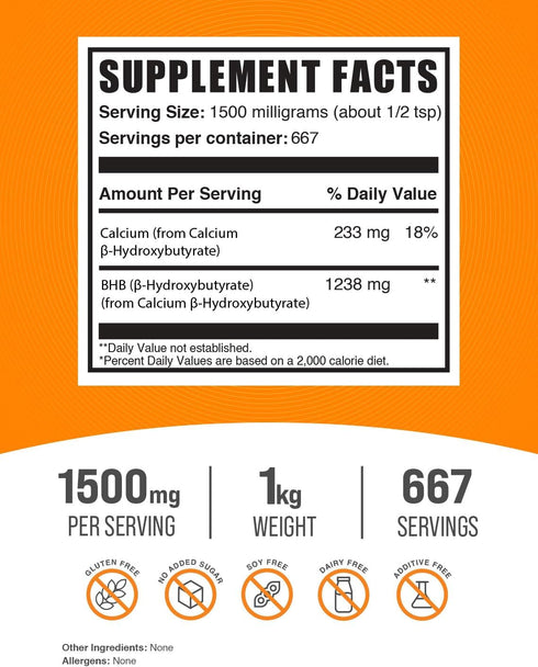 Calcium BHB Powder by BulkSupplements.com - Beta-HydroxyButyrate Supplement, Unflavored, 1500mg, 1kg (Pack of 1)