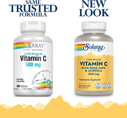 SOLARAY Vitamin C w/Rose Hips & Acerola | 500mg | Two-Stage, Timed-Release Healthy Immune Function, Skin, Hair & Nails Support | Non-GMO | 250 CT