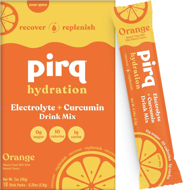 Pirq Hydration Powder Packets - Orange - 10 Sticks | Electrolyte Drink Mix with Curcumin, B Vitamins, Zero Sugar, Keto