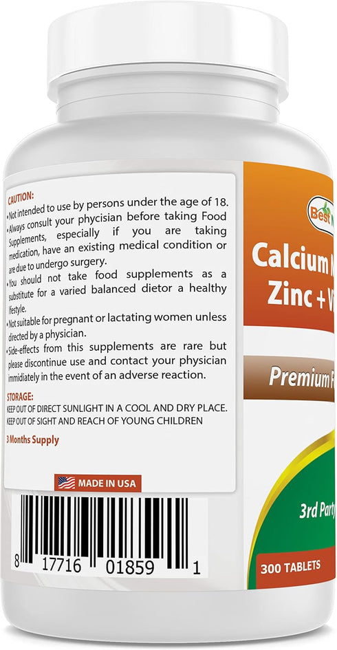 Best Naturals Calcium Magnesium Zinc with Vitamin D3, 300 Tablets, 1000 mg Calcium, 400 mg Magnesium