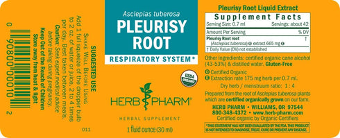 Herb Pharm Certified Organic Pleurisy Root Liquid Extract for Respiratory System Support - 1 Fl Oz