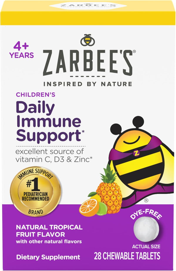 Zarbee's Kids Immune Support, 28 Chewable Tablets - Vitamin C, D & Zinc Daily Immunity Vitamins for Children 4+ Years,