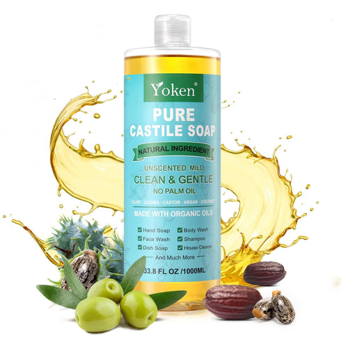 Yoken EWG Verified Castile Soap, Liquid Unscented, 33.8 fl oz, Organic Oil, Natural Castor Oil Soap for Body Wash,