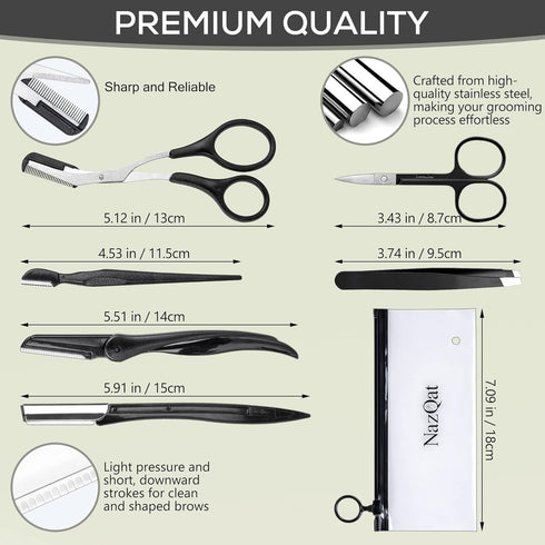NAZQAT Multipurpose Eyebrow Kit for Women & Men, Includes Tweezers, Razor Tools, Scissors, Pack of 6