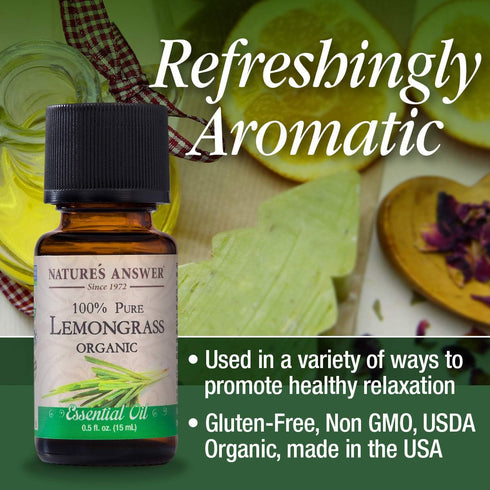 Nature’s Answer USDA Organic Lemongrass Essential Oil, 100% Pure | Natural Aromatherapy Oil for Diffuser, 0.5 fl oz
