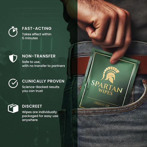SPARTAN WIPES 7% 7 Packets Benzocaine Topical Wipes for Men | External Use | Gentle Formula | Individually Wrapped