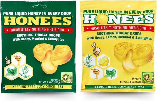 Honees Honey Filled Drops Variety Pack, Natural Sore Throat Relief Throat Lozenges, 2 Pack - 40 Drops