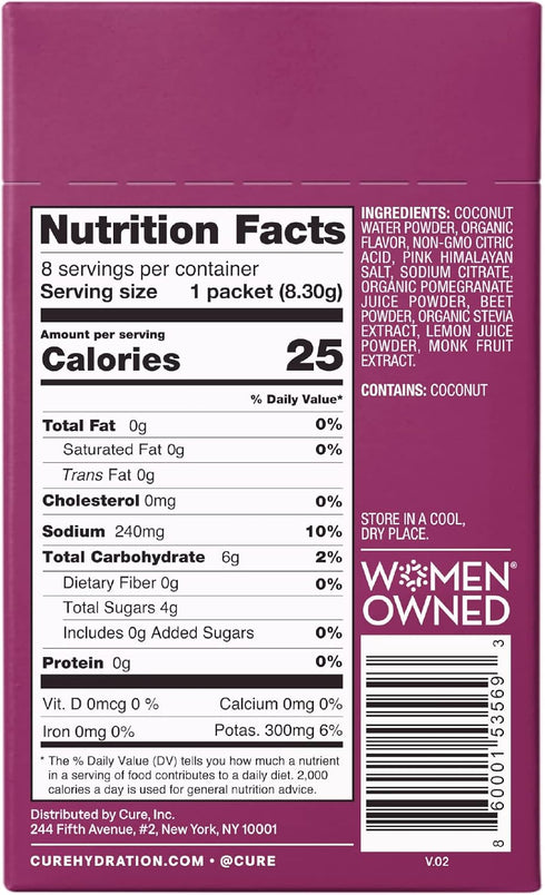 Cure Hydration | Plant-Based Electrolyte Drink Mix | Berry Pomegranate | Box of 8 Packets | No Added Sugar | Vegan