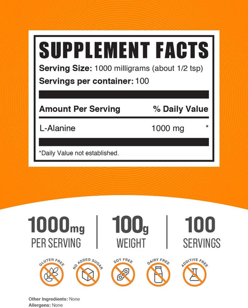 BulkSupplements.com L-Alanine Powder - Alanine Supplement, L-Alanine 1000mg - Amino Acid Supplement, Amino Acid Powder - Unflavored & Gluten Free, 100g (3.5 oz) (Pack of 1)