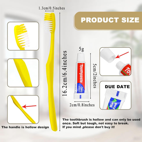 Toothpaste,100 Pack Disposable Toothbrushes with Yellow Hollow Individually Wrapped Disposable Travel Toothbrushes Kit