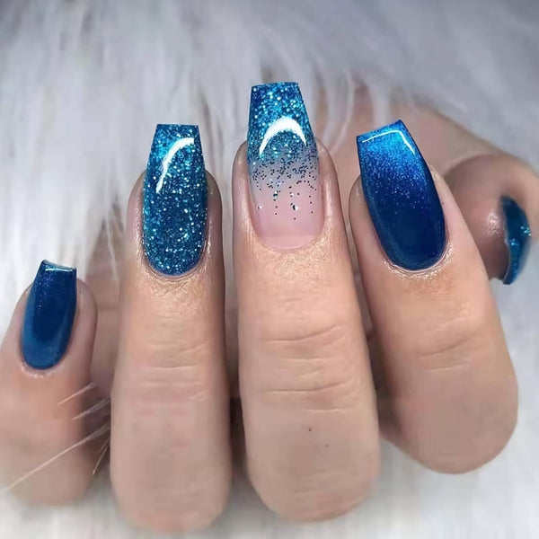 MISUD Press on Nails - Medium Coffin Glue on Nails, Blue Ombre, Acrylic Bling Glitter Design, 24 pcs