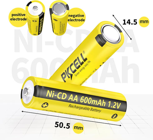 PKCELL 4 Pack AA 1.2V 600mAh NICD Rechargeable Double A Battery for Solar Lights(4PCS)