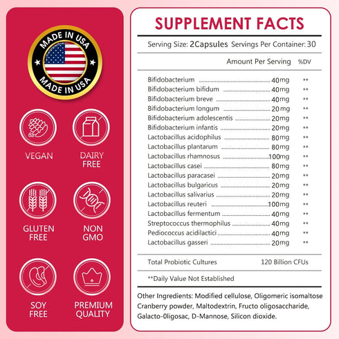 Women's Probiotics 120 Billion CFUs - 18 Strains, 3 Prebiotics & Digestive Enzymes - Non-GMO, Gluten Free