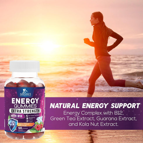 Extra Strength Energy Gummies with Vitamin B12, Green Tea & Natural Caffeine, 1000 mcg, 120 Count, Berry Flavor