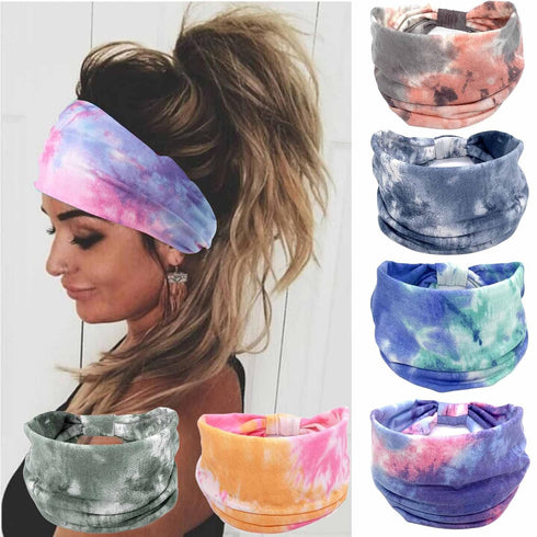 Olbye Women Wide Headbands Pack of 6, Knotted Tie Dye Turban Hair Wraps, Non-Slip Elastic Boho Sports Accessories