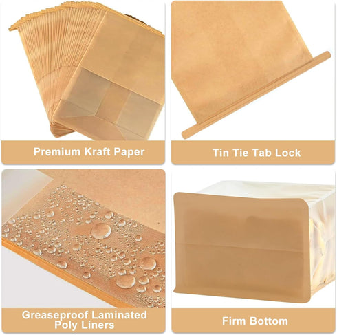 SixWeKit 50 Pack 11" 8.66" 4.33" Packaging Kraft Paper Bread Bags with Clear Window, x x Bakery Sourdough Bags Tin Tie