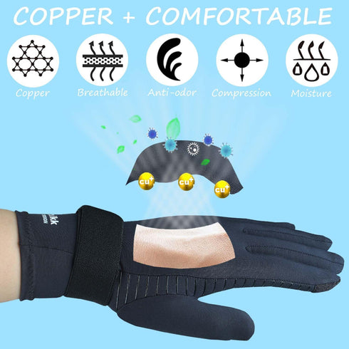 Copper Arthritis Gloves with Adjustable Wrist Strap for Men and Women, Full Finger Compression Gloves for Pain Relief