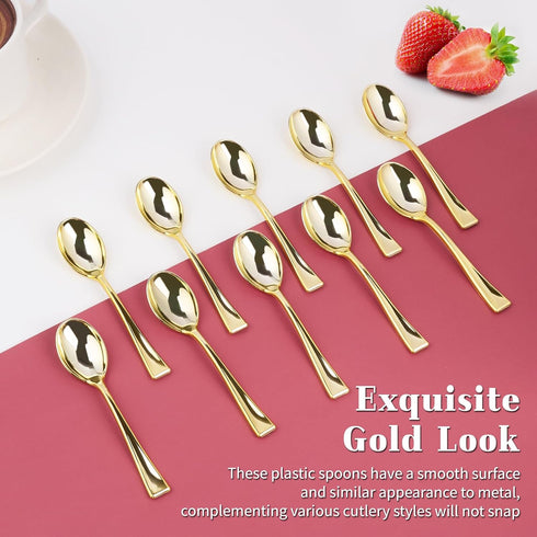 Kucoele 100 Pack Gold Mini Plastic Spoons - 4 Inch Heavy Duty Disposable Small Dessert Spoons