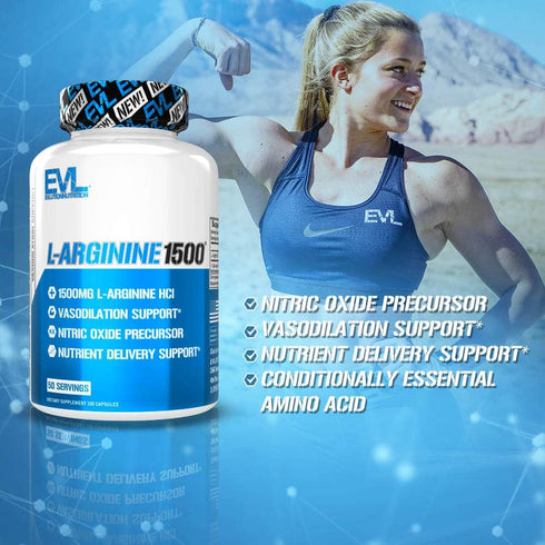 Evlution Nutrition Nitric Oxide Booster L-Arginine Supplement - High Potency 1500mg for Enhanced Pumps Energy Muscle