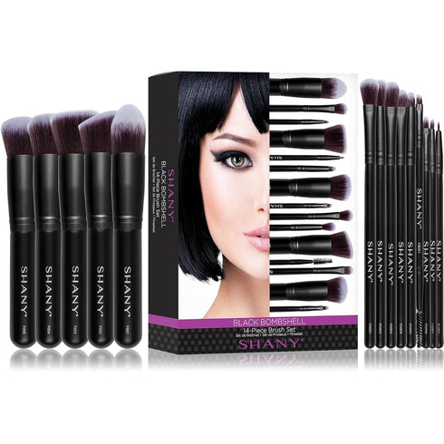 SHANY Makeup Brushes - Black Bombshell, 14-Piece Brush Set for Foundation, Powder, Concealers, Eye Shadows, Kabuki.