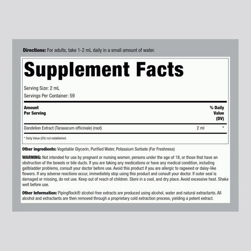 Piping Rock Dandelion Root Extract | 4 fl oz | Concentrated Supplement Drops | Alcohol Free Liquid Tincture | Vegetarian, Non-GMO, Gluten Free