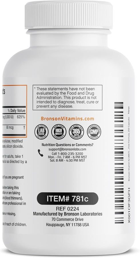 Bronson Vitamin K2 (MK7) with D3 Supplement - 5000 IU Vitamin D3 & 90 mcg Vitamin K2 MK-7, 250 Capsules