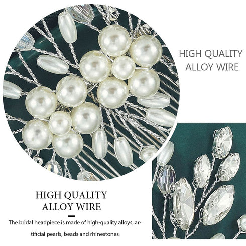 Yean Bride Leaf Bridal Hair Comb, Pearl Wedding Hair Piece, Rhinestone Hair Accessories for Women and Girls (Silver)
