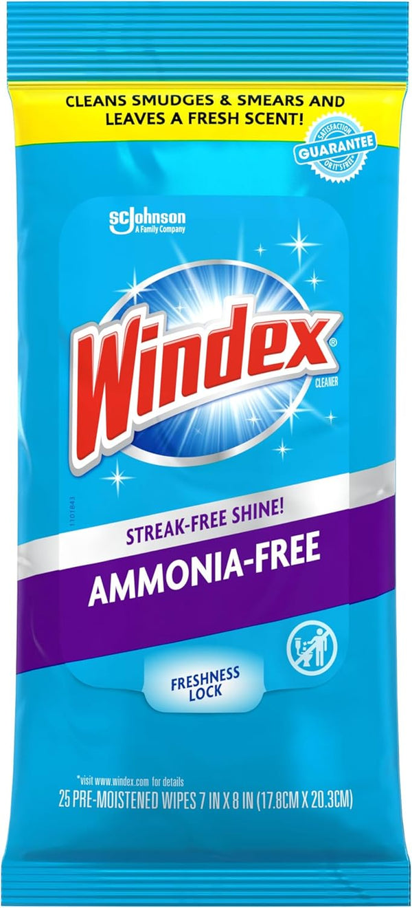Windex Wipes for Glass Cleaning, Ammonia Free, Pre-Moistened, 25 Count, Crystal Rain Fresh Scent