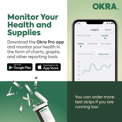 Okra Pro Glucose Monitor Kit - Syncs with Free App, Includes Meter, Test Strips, Lancets, Lancing Device, Carry Case