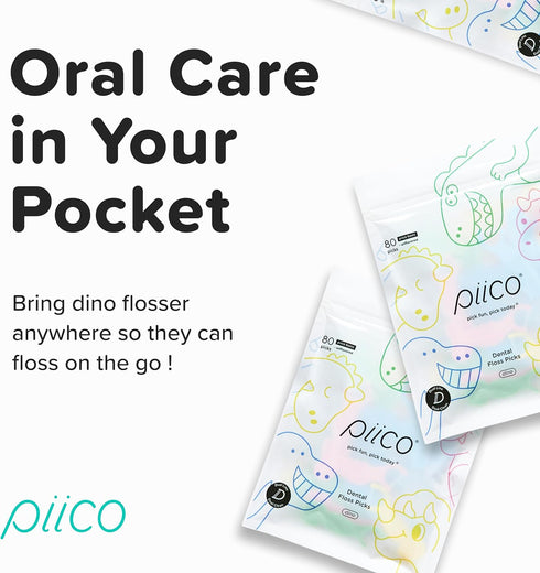 Unflavored Kids Floss, No Fluoride Dual Line Dental Floss Picks, 240 Count Dino & Travel Case