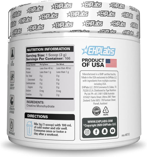 EHP Labs CREA-8 Creatine Monohydrate Powder - Unflavored Supplement for Muscle Growth, 100 Servings (500g)