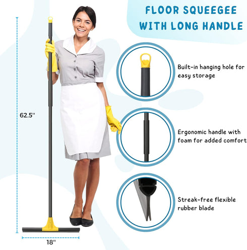 18'' Rubber Squeegee Broom with 60'' Long Handle for Floor Cleaning, Heavy Duty Household Wiper