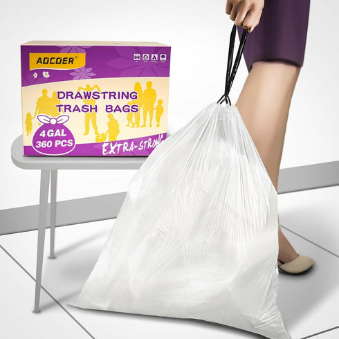 4 Gallon Small Drawstring Trash Bags (15 Liter, 360 Count) - White Garbage Bags for Home & Office