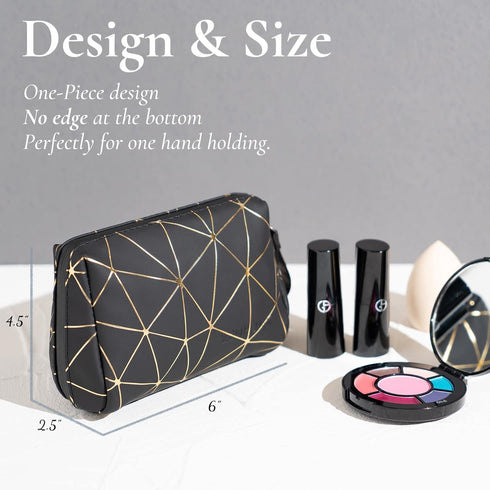 Mini Makeup Bag for Purse, PU Leather Makeup Organizer, Travel Cosmetic Bag, Portable Waterproof Makeup Pouch, Makeup Pouch for Girls Women(Black & Gold)