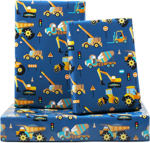 NEPOG Road Under Construction Excavator Tractor Dump Truck Wrapping Paper for Kids Boys,