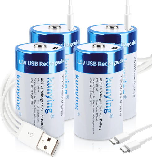 kunying 4 Pack Rechargeable D Batteries 1.5V 7500mAh Lithium, Long Lasting High Capacity