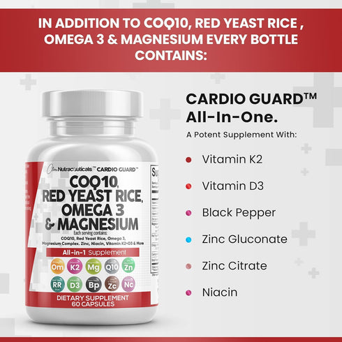 COQ10 200mg, Red Yeast Rice 3000mg, Omega 3 3000mg - Heart Health Support Vitamins for Women and Men, 60 Ct