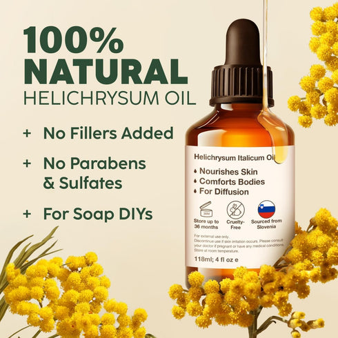 Kukka Helichrysum Oil for Bruising & Skin Care - Huge 4 Fl Oz - 100% Pure Natural Helichrysum Essential Oil for Healing Aromatherapy & DIY Soap Making - Fast Abosrbing & Invigorating