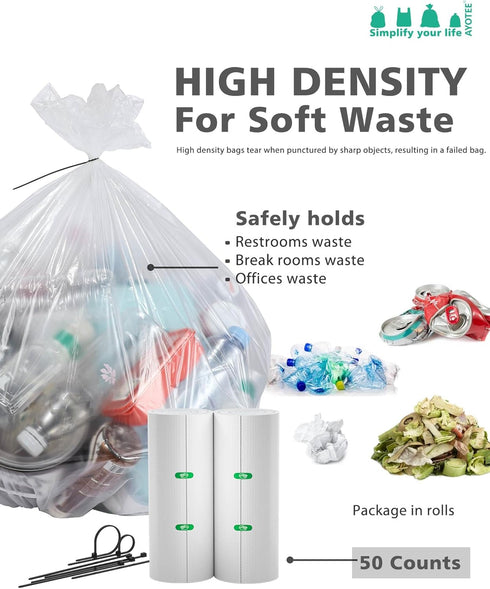 AYOTEE Trash Bags, 20 Gallon, 50 Count, Extra Large Kitchen Trash Bags with Zip Ties, 20-22 Gallon, High Density Clear