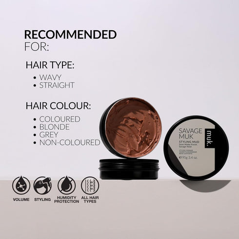 MUK. Savage Hair Styling Mud, 95g, Medium to Coarse Hair, Semi Matte Flexible Hold, Water Soluble