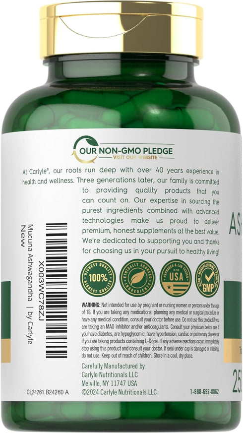 Carlyle Mucuna with Ashwagandha, 3000mg, 250 Capsules, Vegetarian, Non-GMO, Gluten Free
