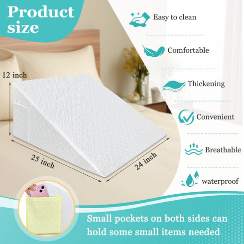 Wedge Pillow Case Cover 25x24x12 - Waterproof Triangle Incline Wedge Pillow Protector with Zipper & Pocket (Cover Only)