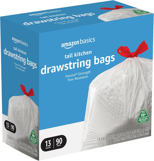 Amazon Basics Flextra Tall Kitchen Drawstring Trash Bags, 13 Gallon, 90 Count, 10% Post Consumer Recycled Content