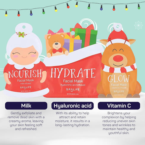 SpaLife Santa's Squad Hydrating Facial Masks, 12 Pack for Moisturizing and Soothing Beauty